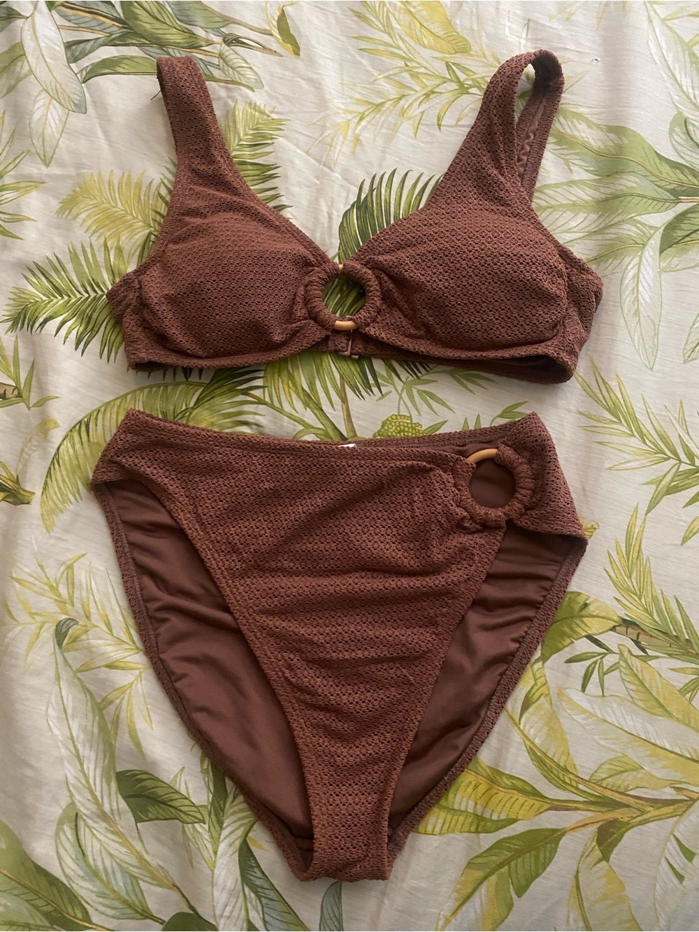 Textured Brown Two-Piece Bikini Set with Bamboo Ring Detail